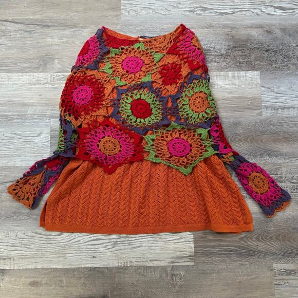Suri Knit Sweater Tunic Orange Baby Alpaca Crochet Overlay Festival Boho - Picture 4 of 5